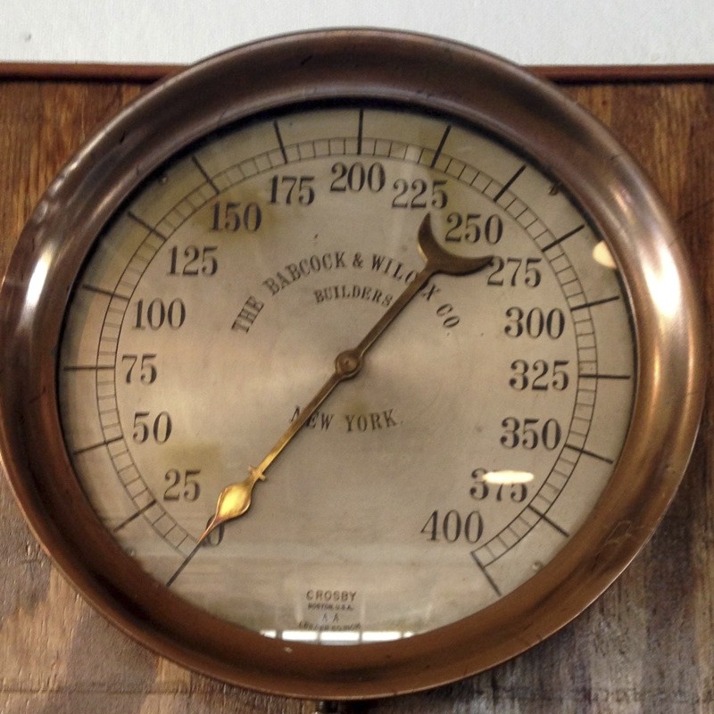 Steam pressure gauge made for Babcock & Wilcox Co. labeled "Crosby/ Boston, U.S.A./ AA". Scale 0-400.