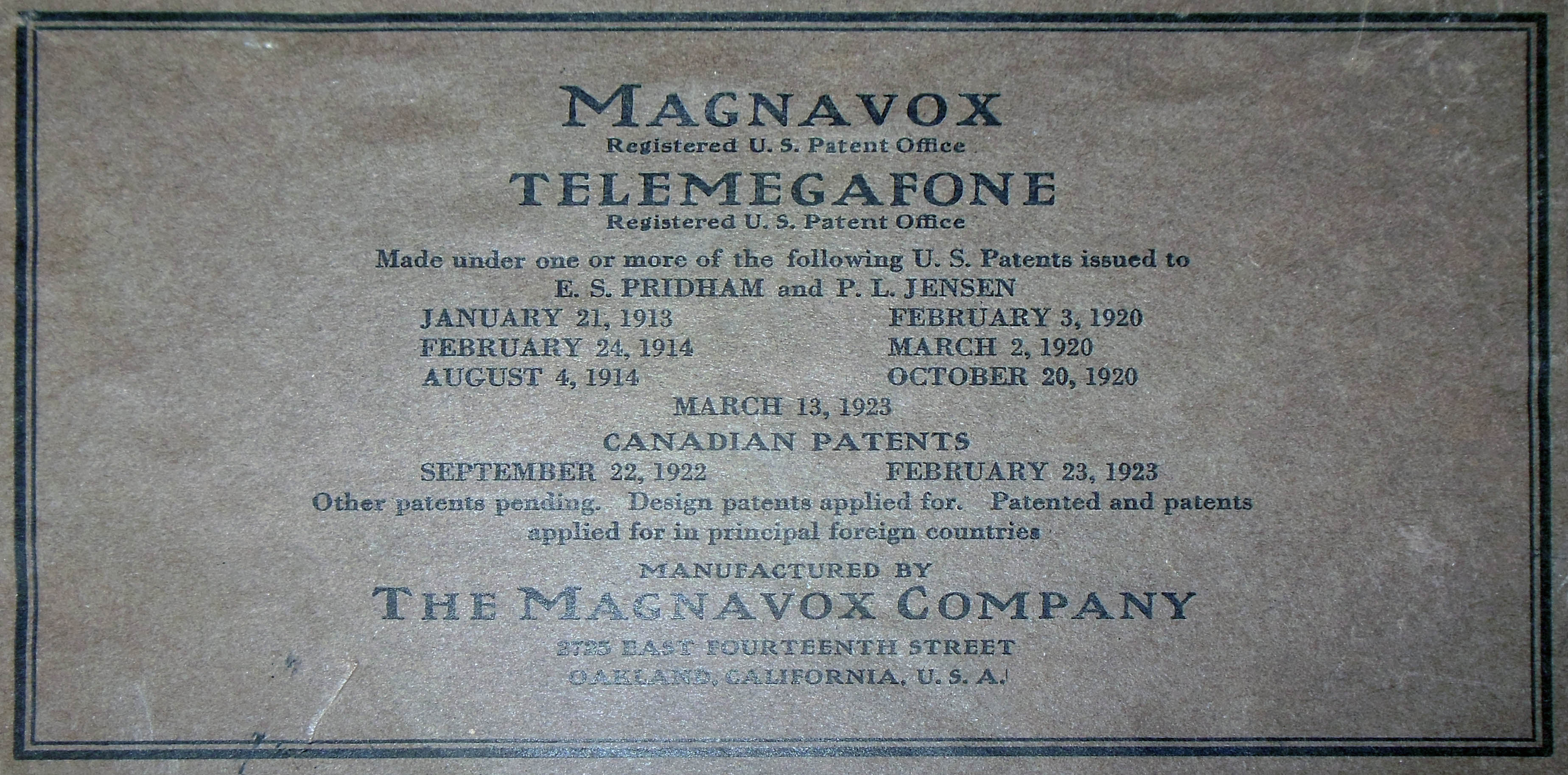 Magnavox R3 patent label from underside of speaker base