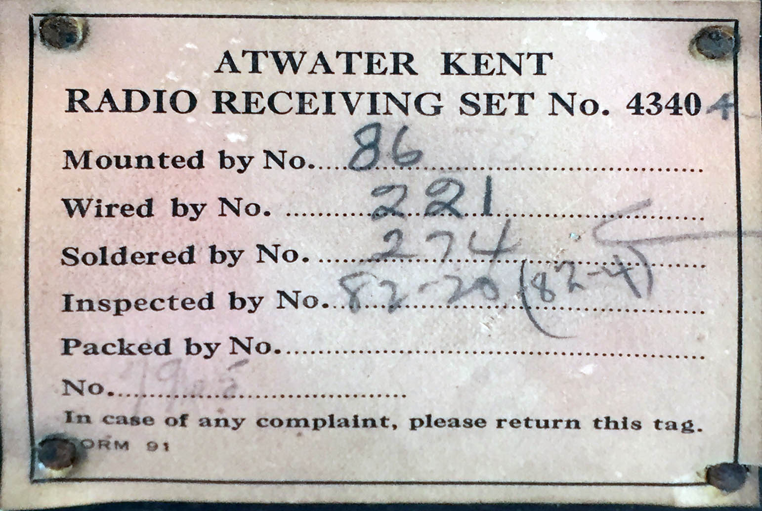 Atwater Kent 10A 4340 #1 Label