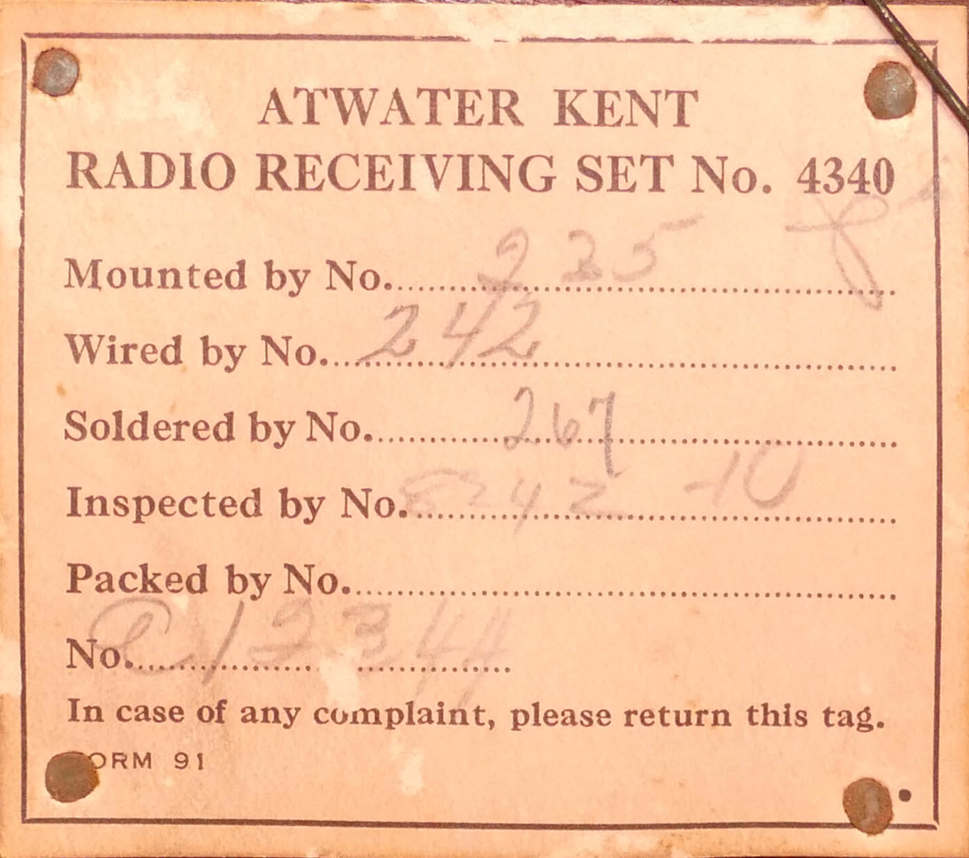 Atwater Kent 10A 4340 #3 label