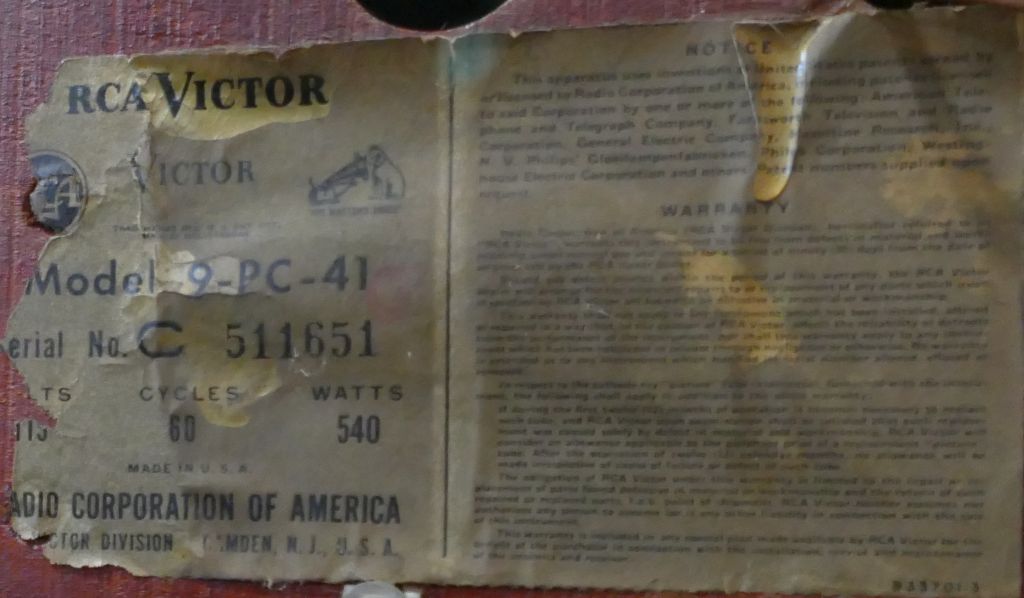 RCA 9PC41 TV rear label