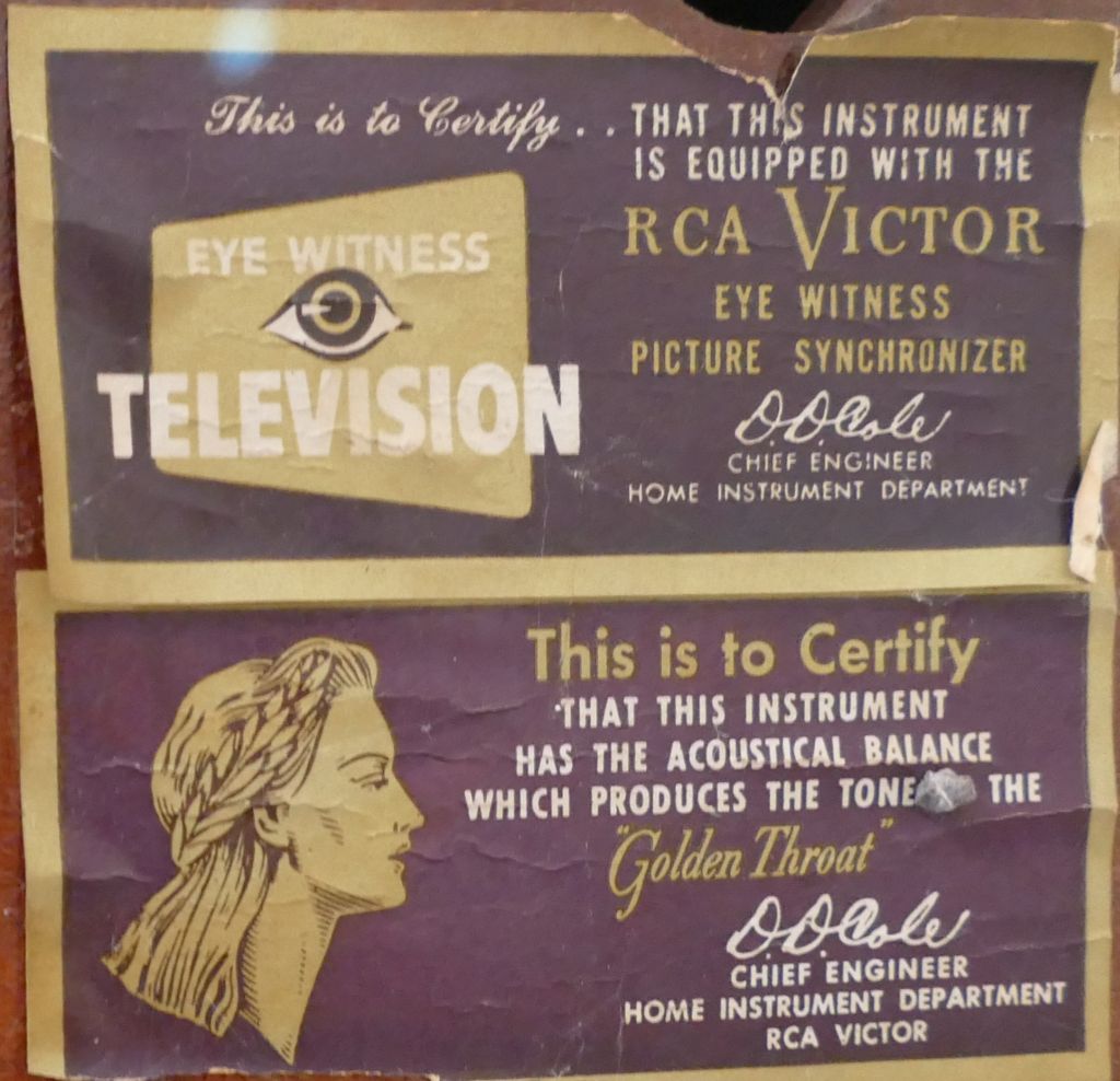 RCA 9PC41 TV rear label eye witness